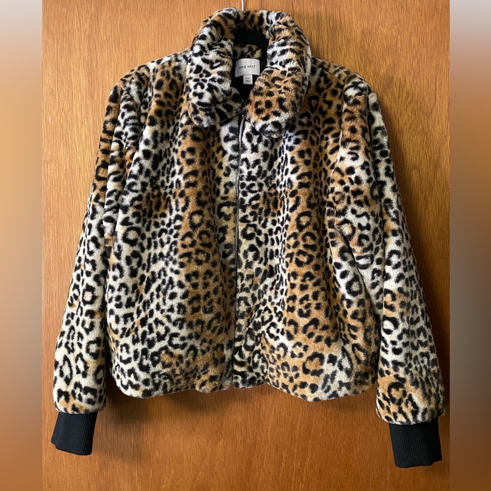 Nine West Faux Fur Zip Up Long-Sleeve Leopard Print Jacket